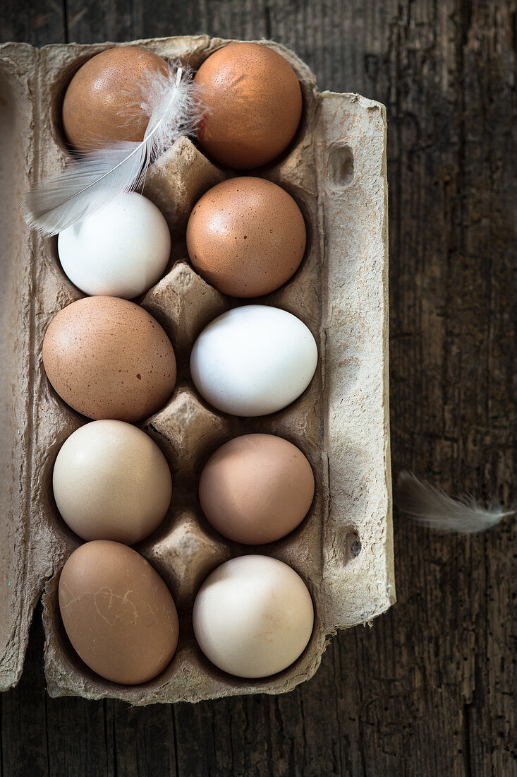 Braune und weiße Hühnereier in Eierkarton