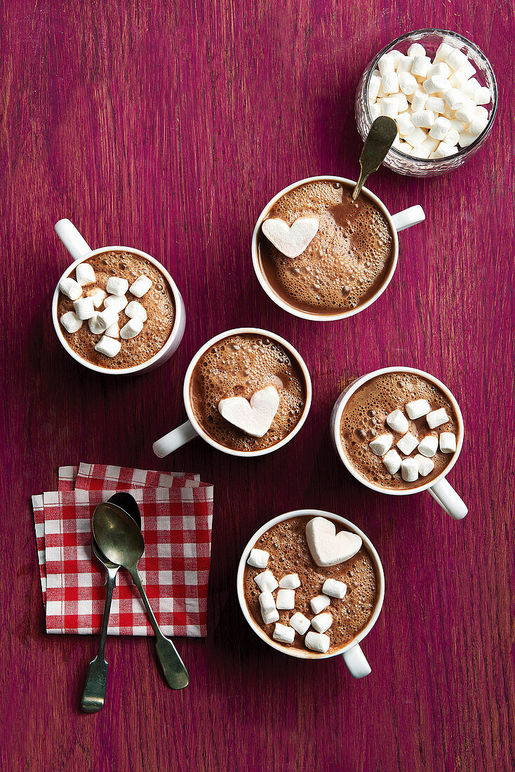 A selection of different hot chocolate drinks with marshmallows