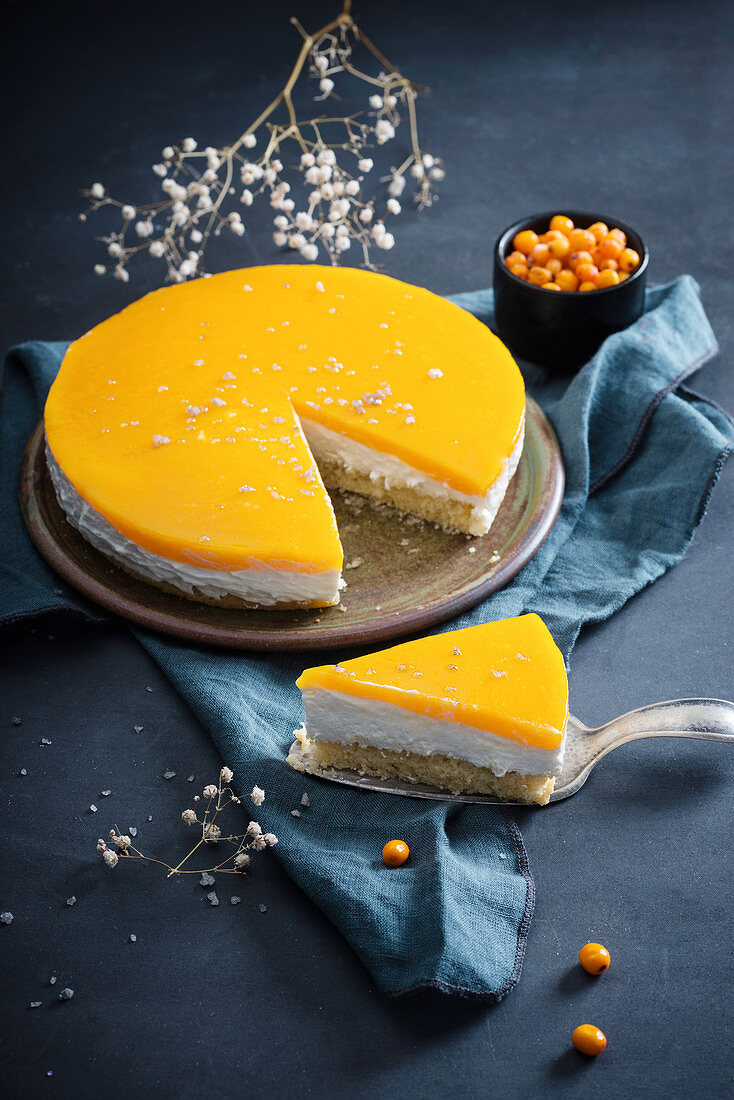 Vegane Quarkcreme-Torte mit Sanddornguss, angeschnitten