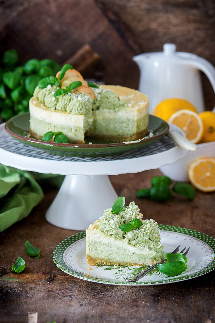 Basil and lemon cheesecake, sliced