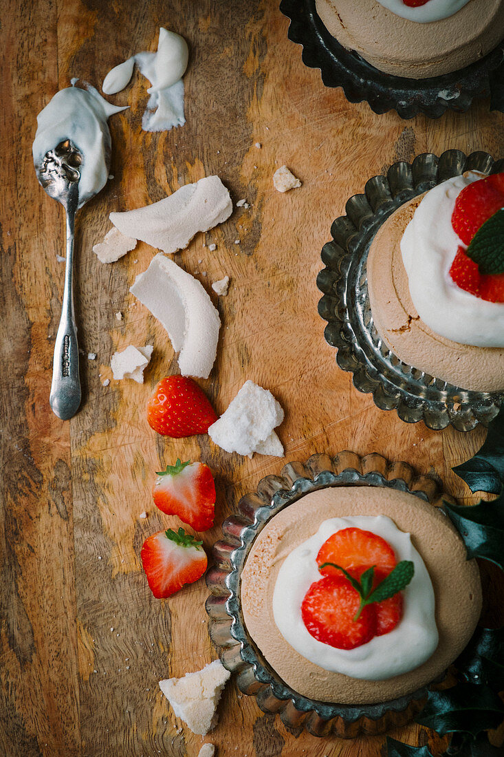 Christmas desserts with meringue and strawberries