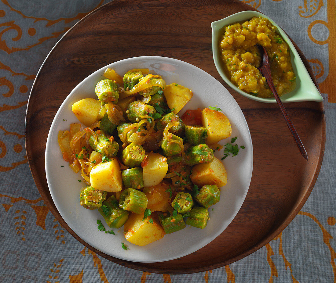 Okra with potatoes and daal (Nepalese dinner)