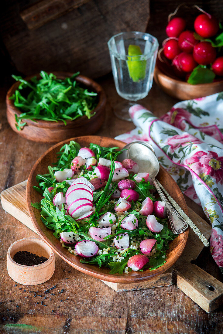 Roasted radish salad with arugula and bulgur