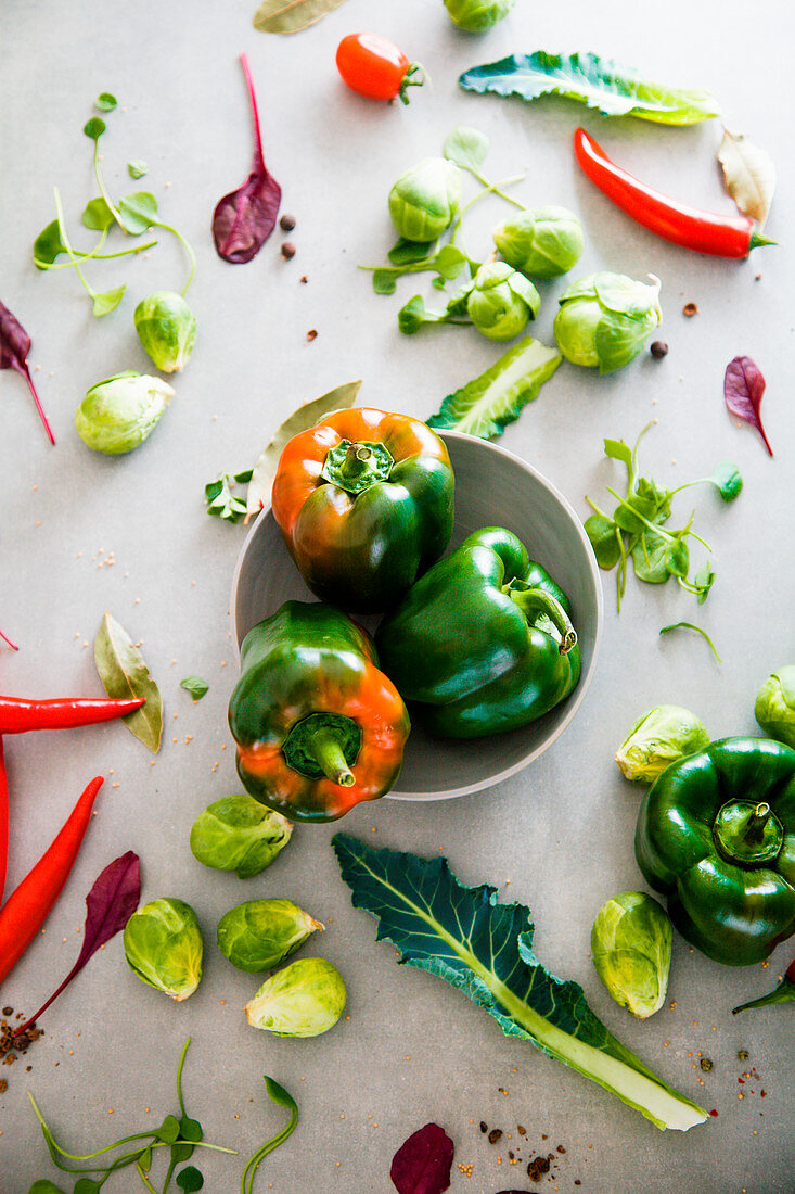 Fresh vegetables flatlay overhead frame