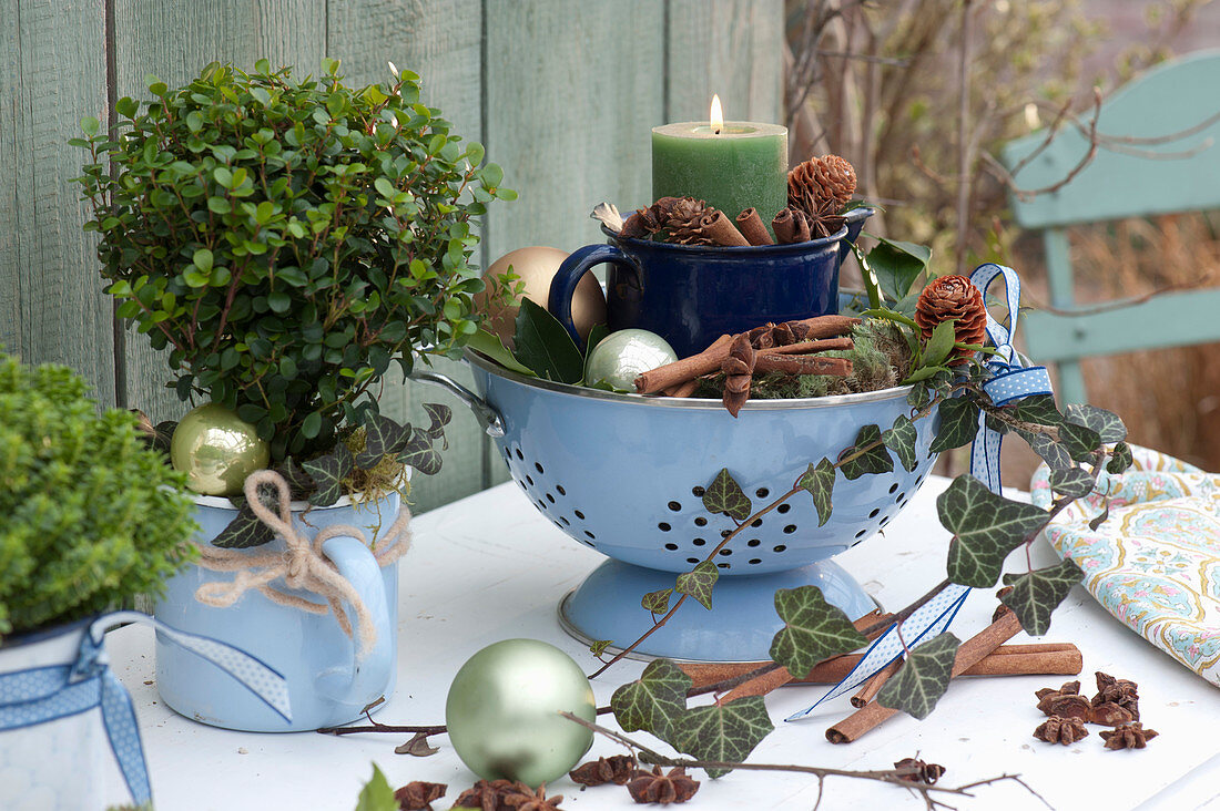 Christmas Candle Decoration In Enamel Pot And Sieve