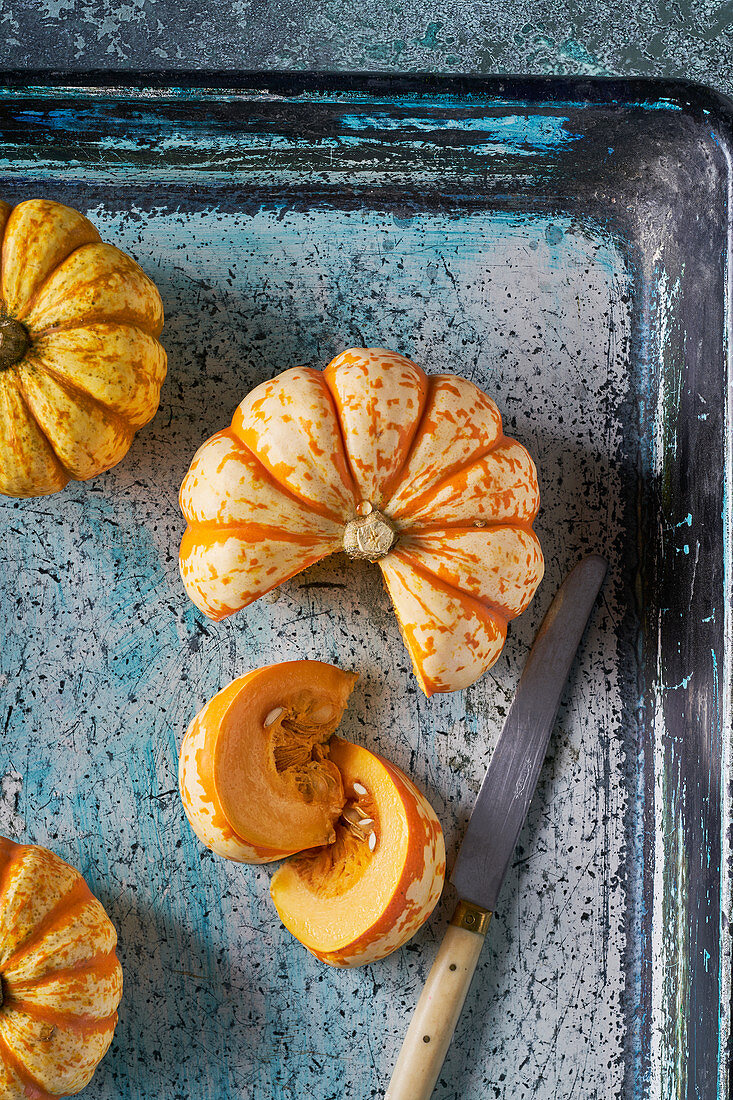 Pumpkins on a blue background