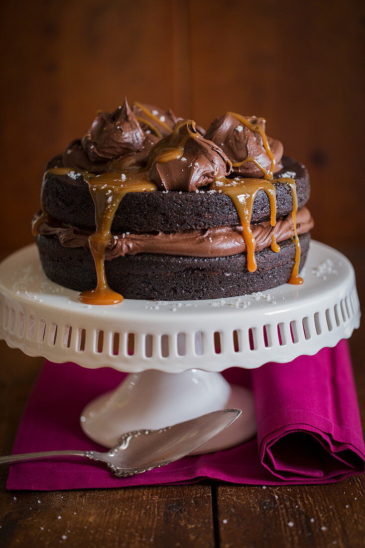 Dark Chocolate Cake with Chocolate Caramel Frosting and Seasalt