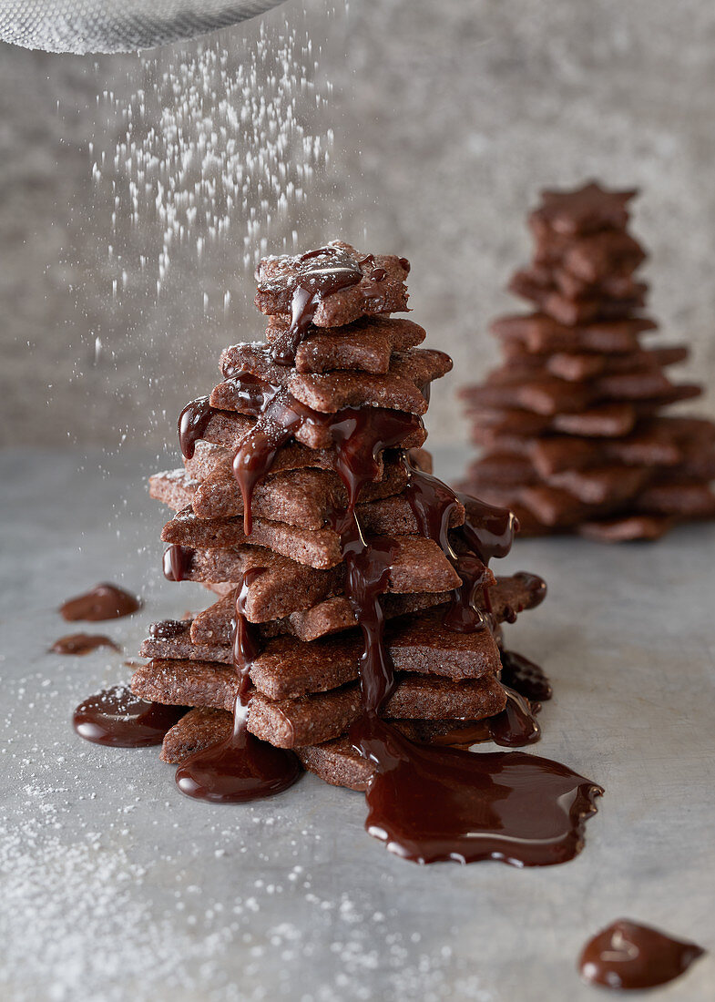 A chocolate biscuit tree sprinkled with powdered sugar