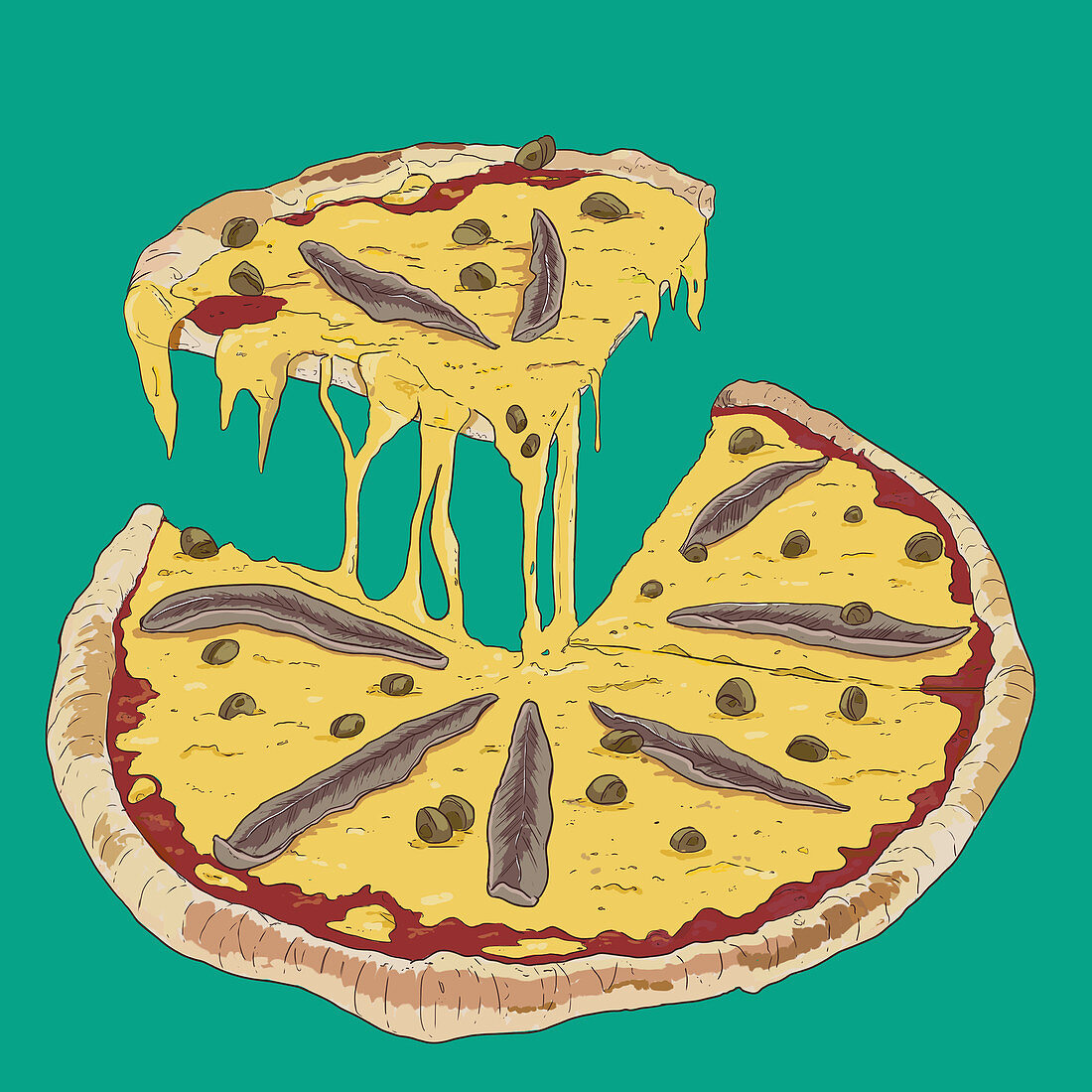 Pizza mit Anchovis, angeschnitten (Illustration)