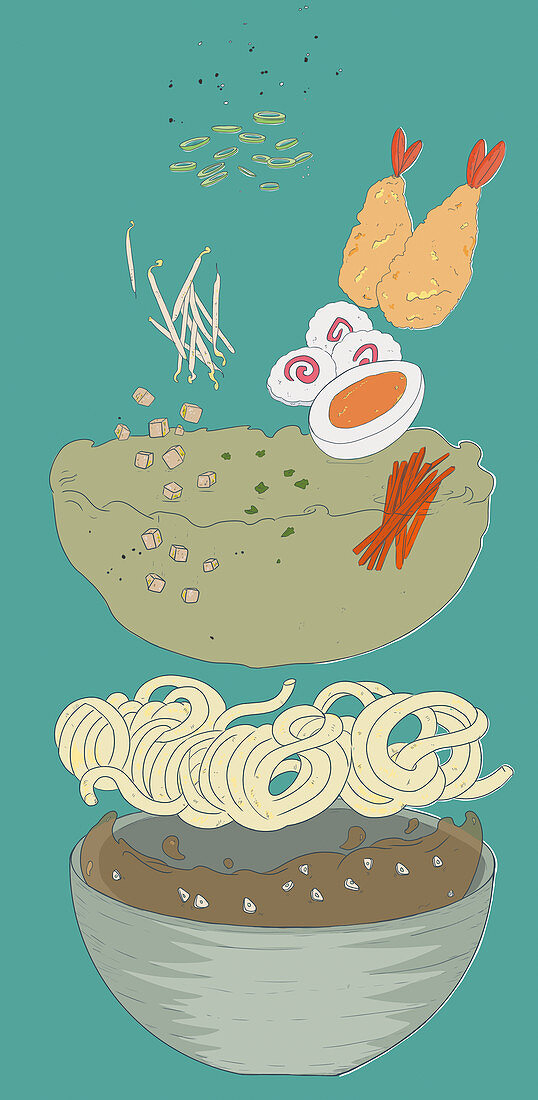 Deconstructed miso ramen soup (illustration)