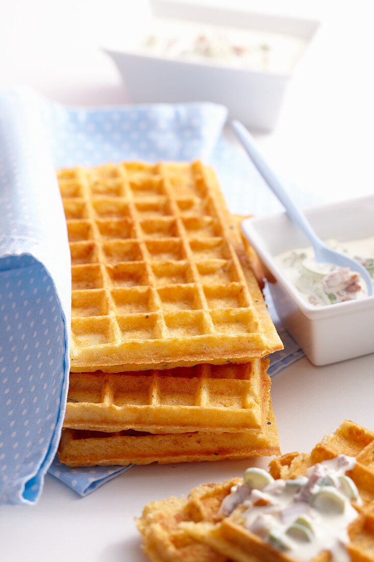 Cheese and spelt waffles with a sour cream and bacon dip