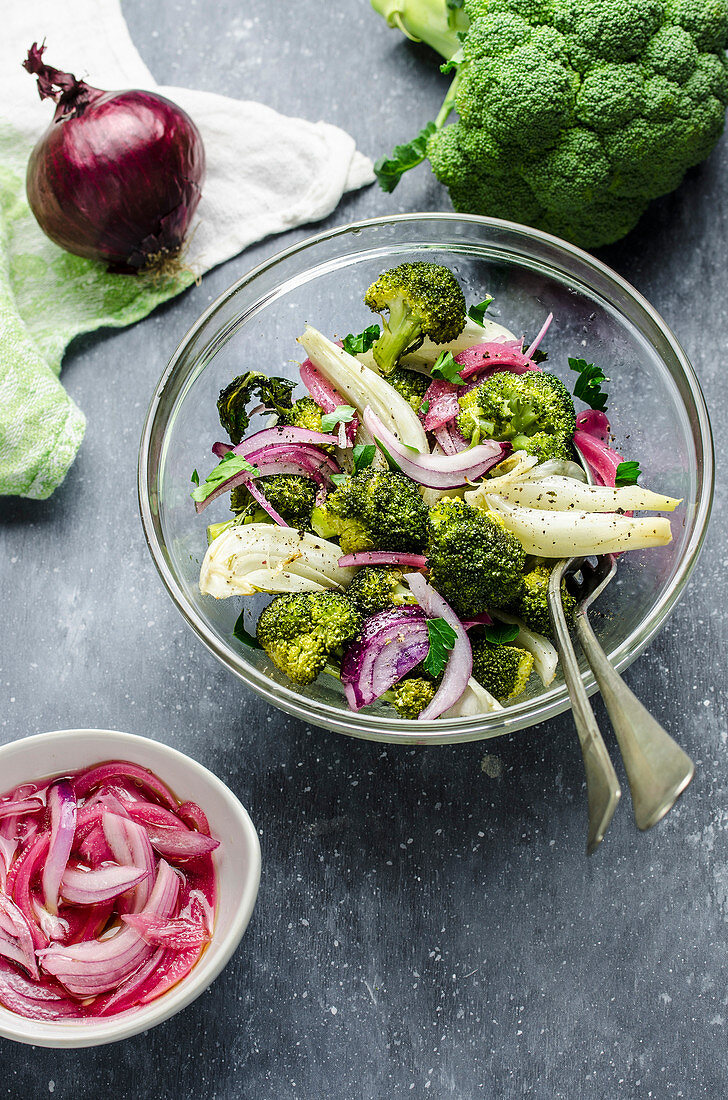 Roasted fennel and broccoli salad with pickled onion