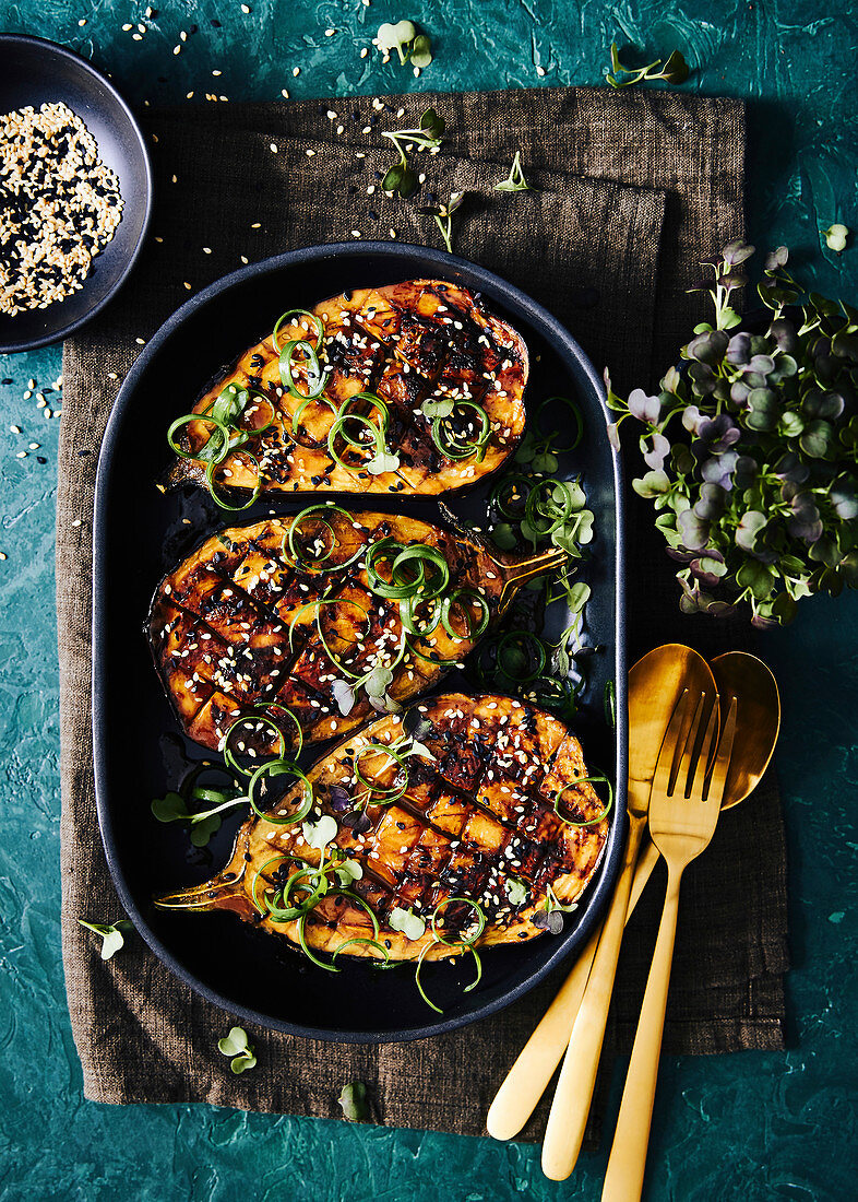 Miso glazed eggplant grilled with asian shallots and sesame seeds