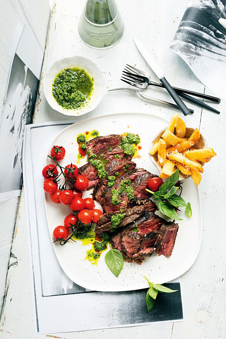 Onglet steak with salsa verde and parmesan chips