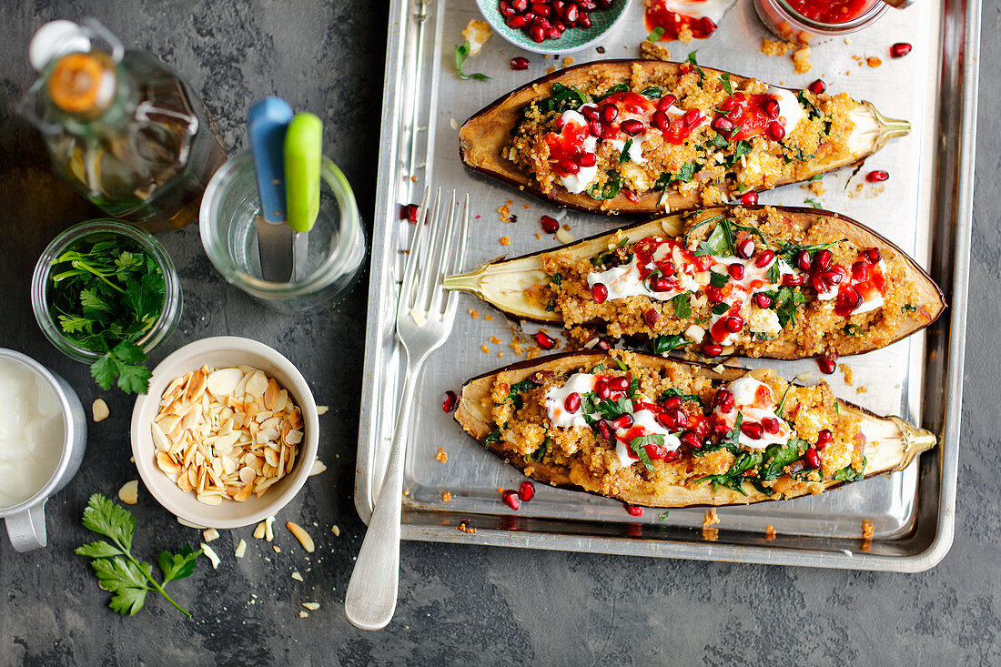 Eggplant stuffed with quinoa, spinach and feta