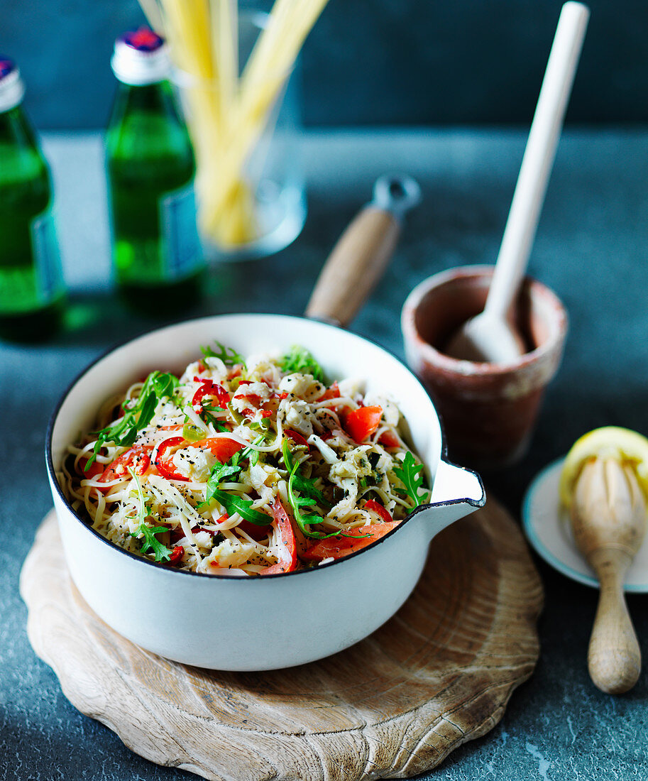 Linguini with crabs, peppers and rocket