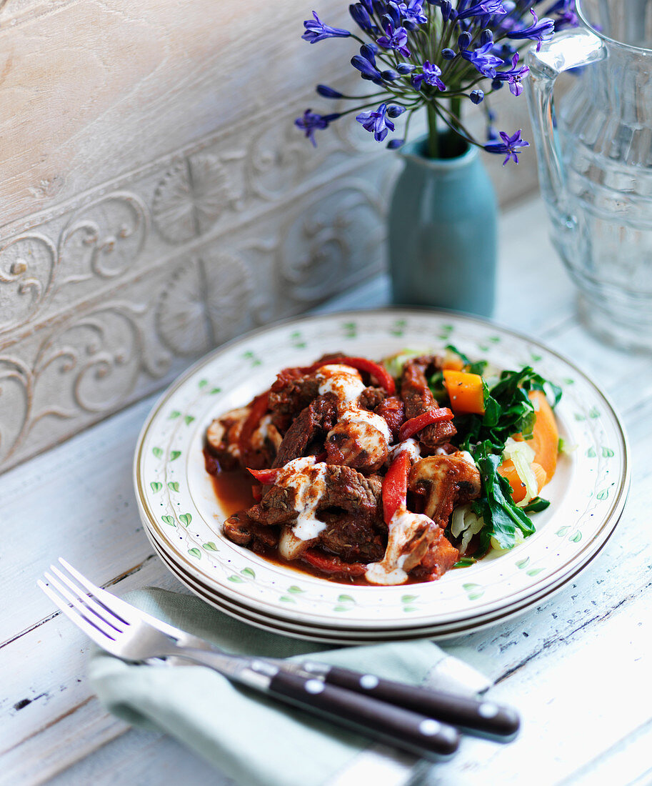 Beef Goulash with creme fraiche, mushrooms, red pepper and butternut squash