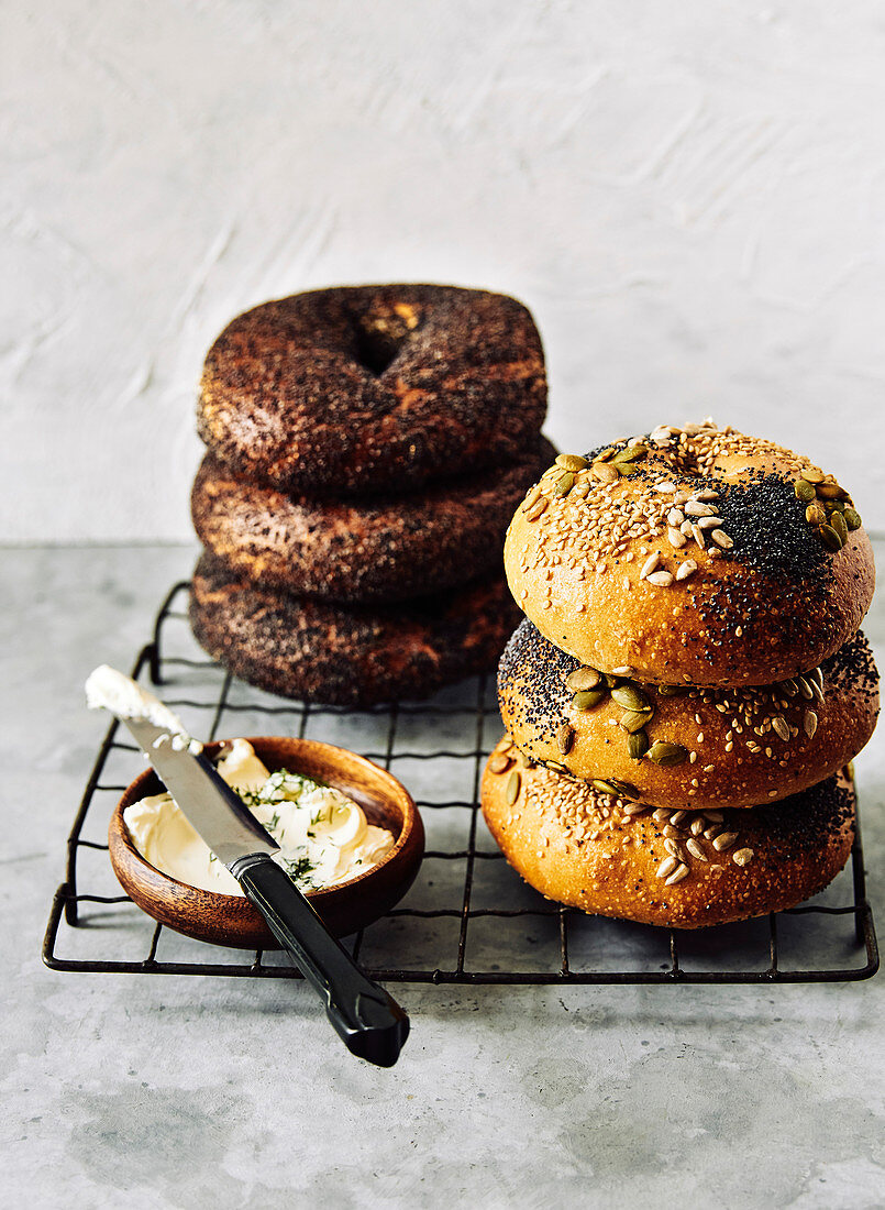 Gourmet seeded bagels, with cream cheese