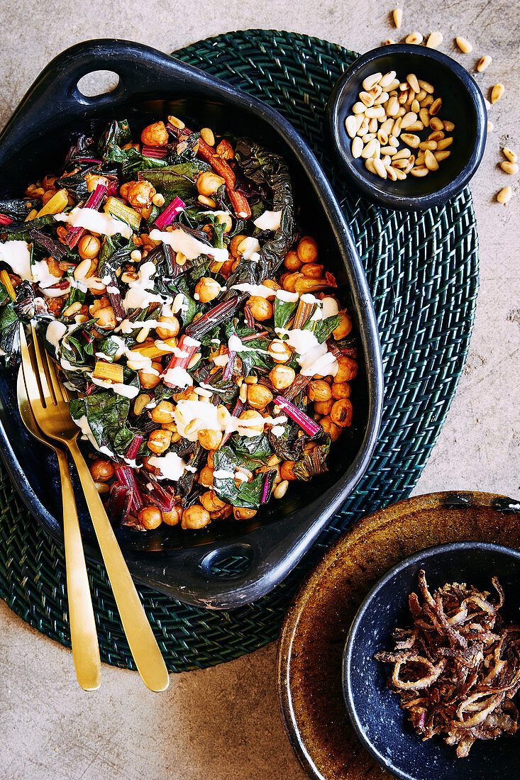 Rainbow chard and chickpea side salad with toasted cumin, coriander seeds and sweet paprika