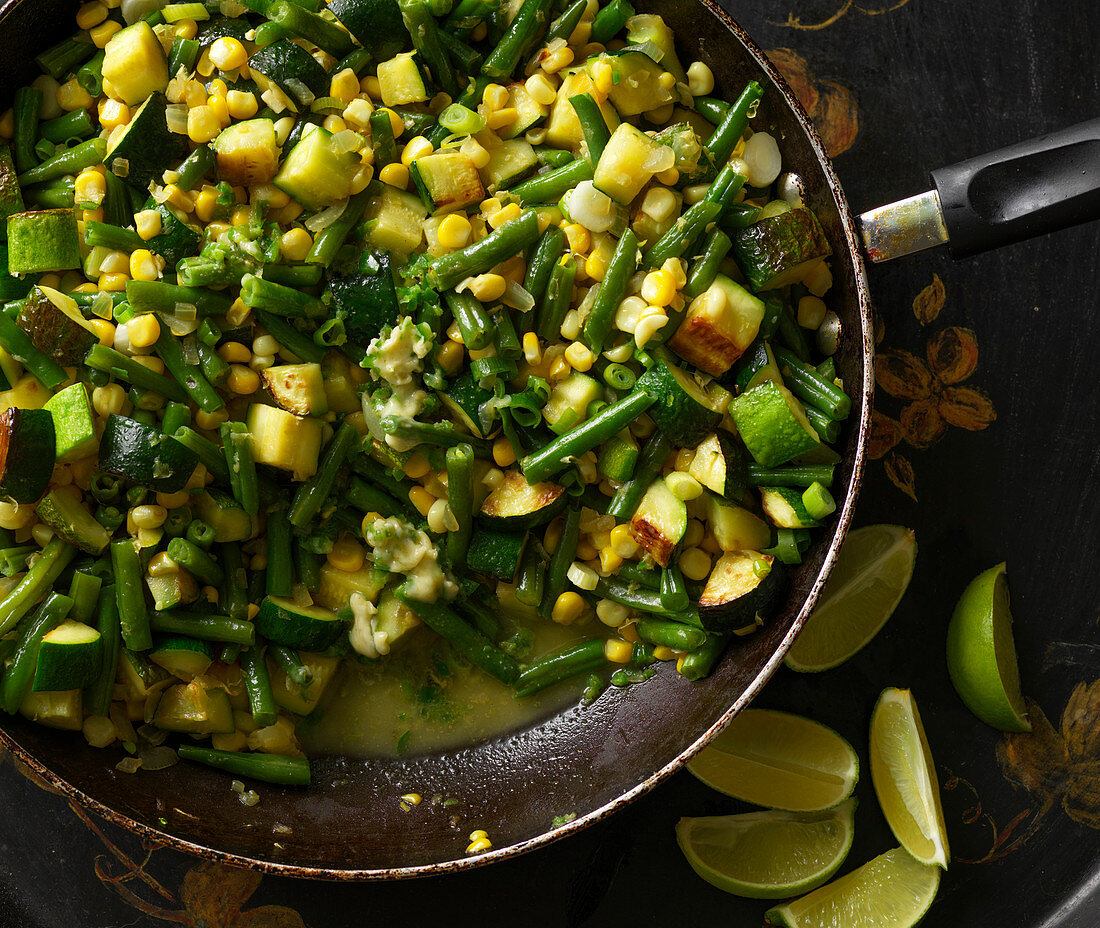 Stir fried vegetables with green beans, corn and zucchini