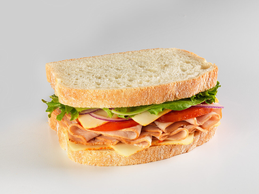 A sandwich with turkey breast, tomatoes, Munster cheese and salad