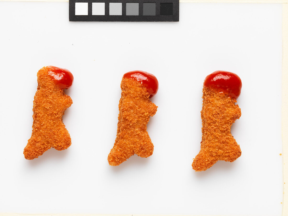 Drei Chicken-Nuggets mit Ketchup vor weißem Hintergrund (Aufsicht)