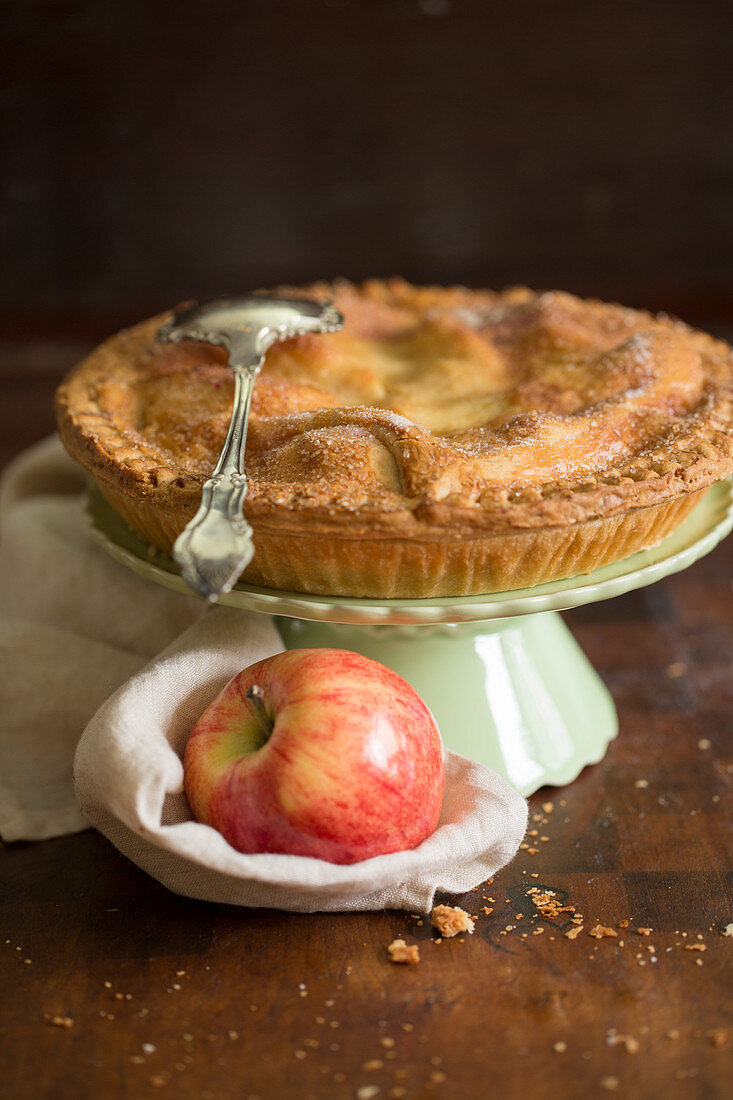 Apple pie on a cake stand