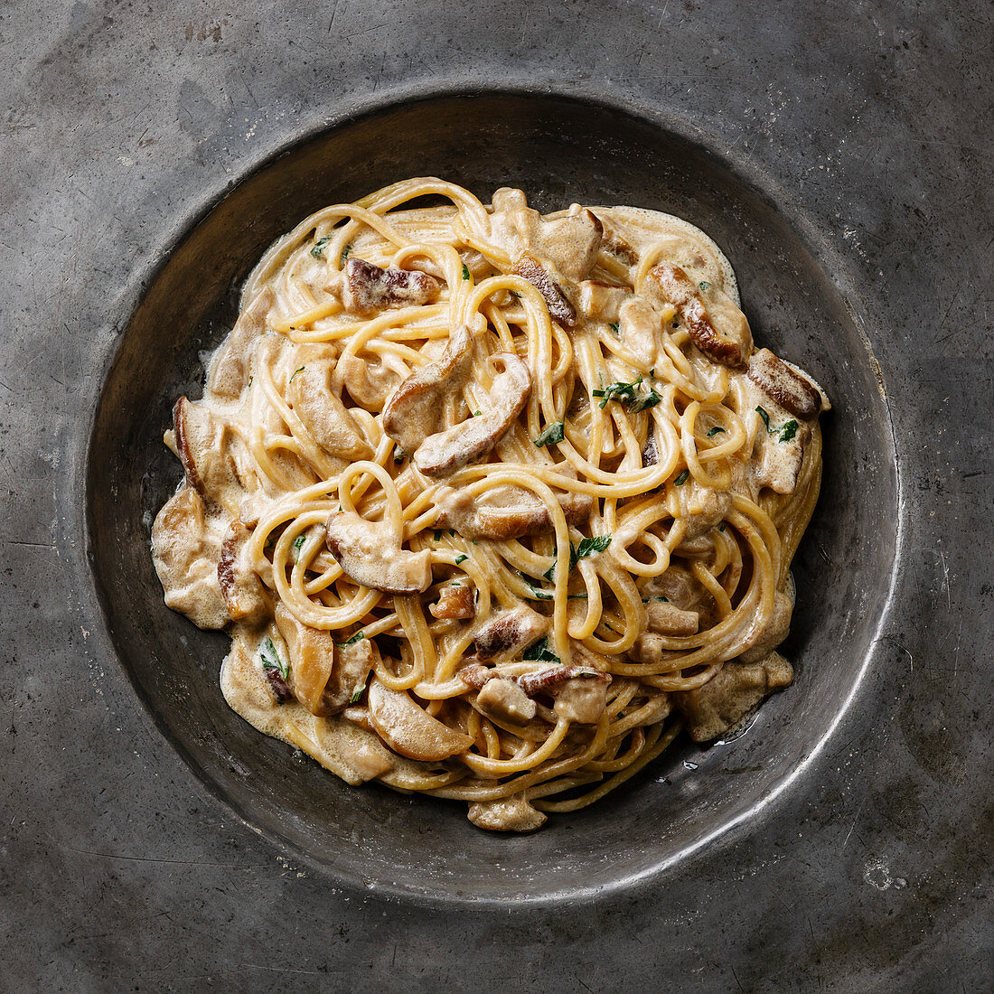 Pasta Spaghetti with Porcini mushrooms on plate close-up