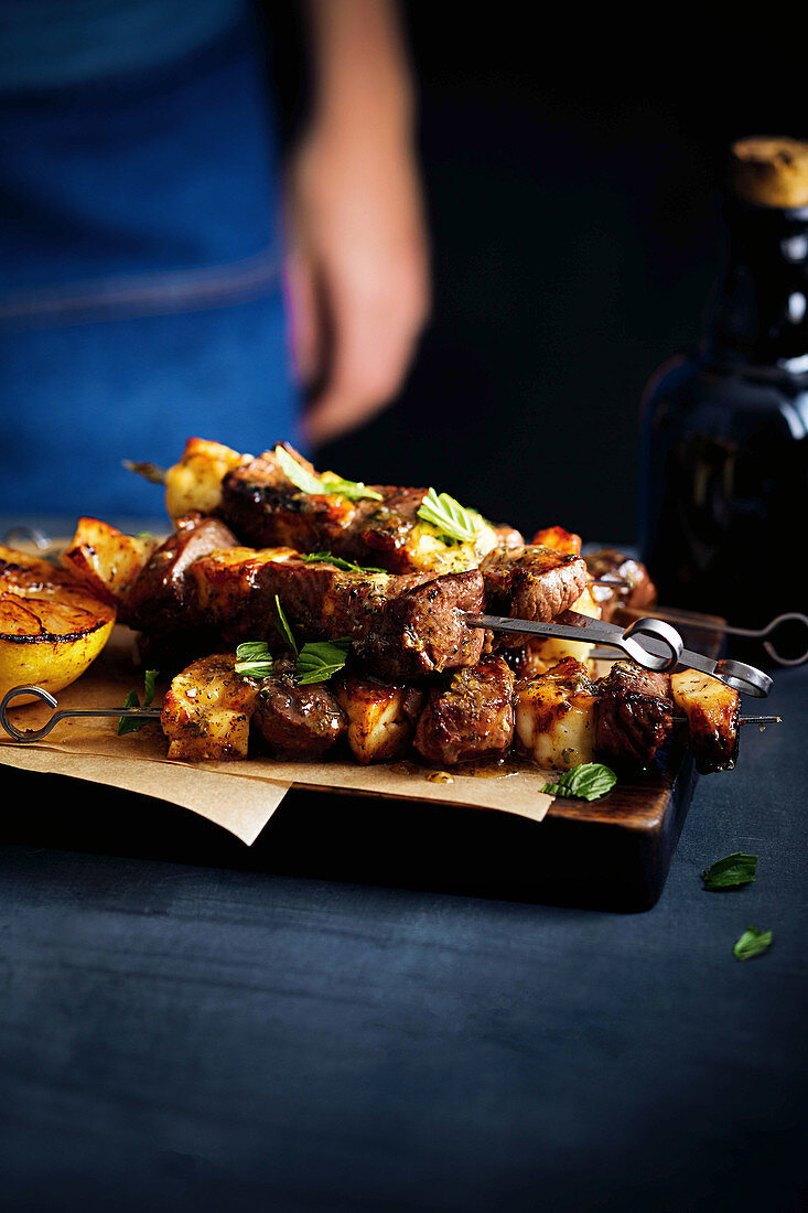 Lamb and haloumi skewers with herbed honey butter