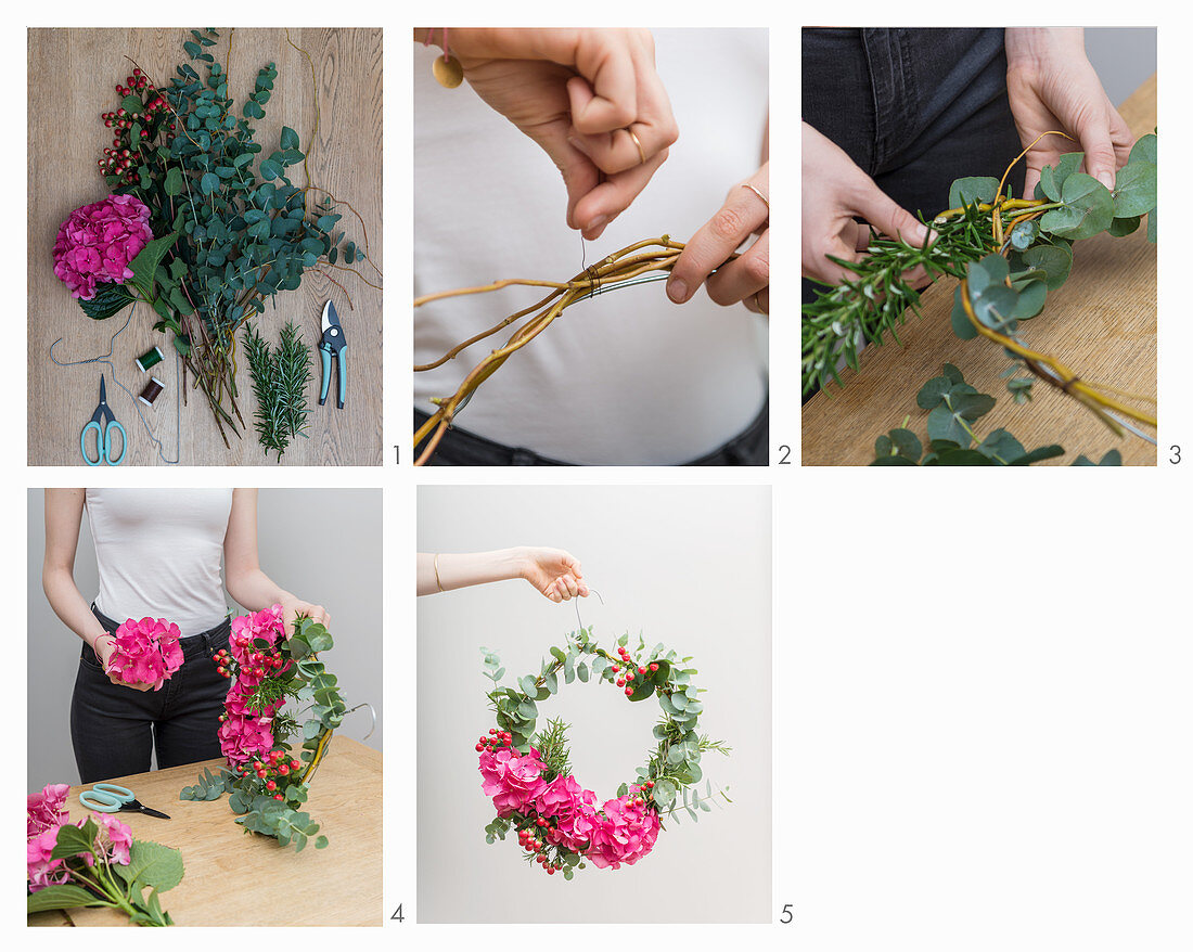 A door wreath made from eucalyptus, St John's wort, rosemary and hortensias