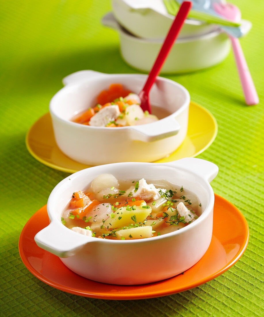 Bunter Gemüsetopf mit Suppengrün, Karotten, Kohlrabi, Kartoffeln und Huhn