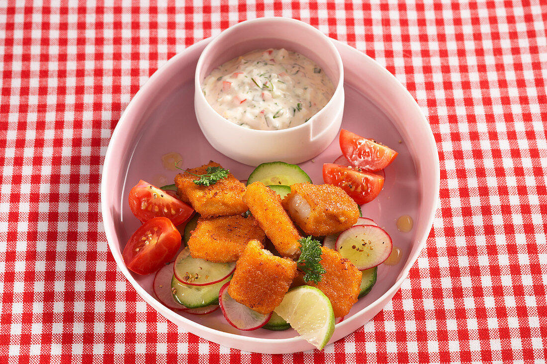 Fischstäbchen mit Gurkensalat und Joghurt-Mayo-Dressing