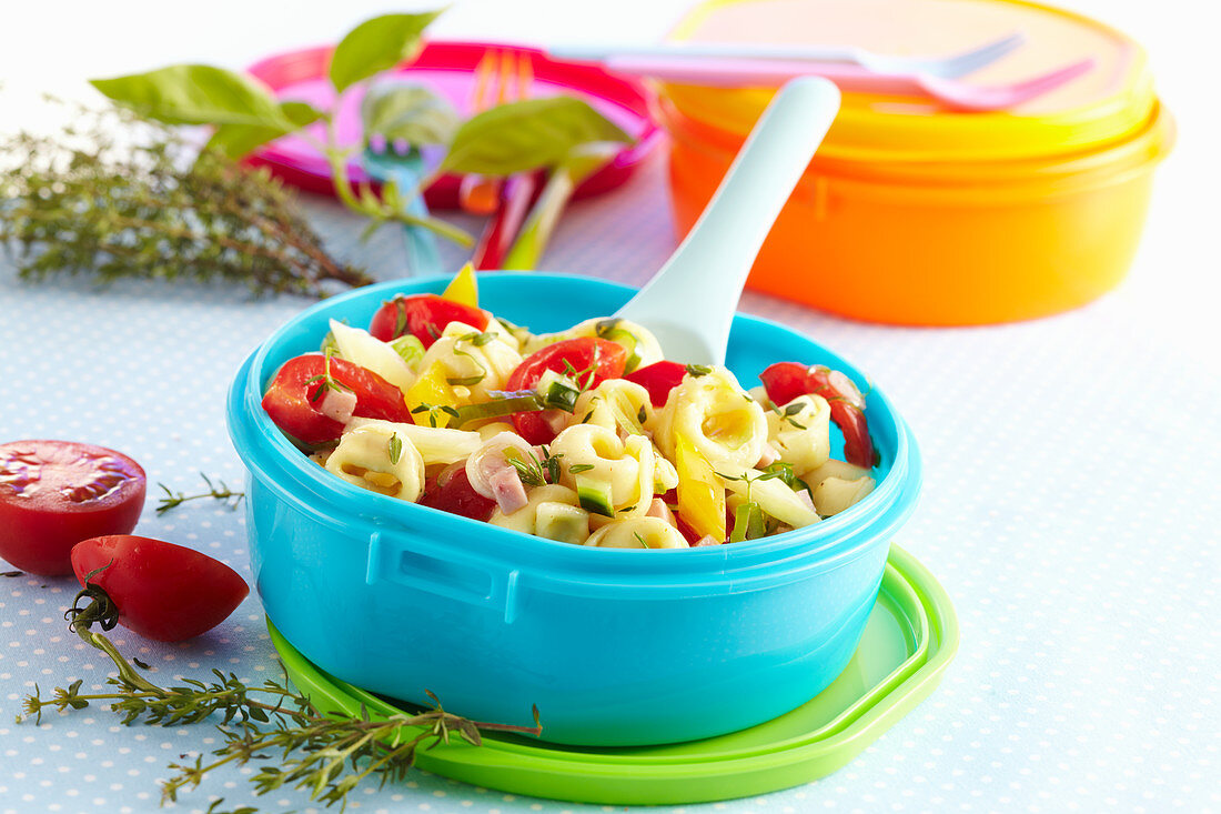 Colourful tortellini salad in a Tupperware bowl with tomatoes and fresh herbs