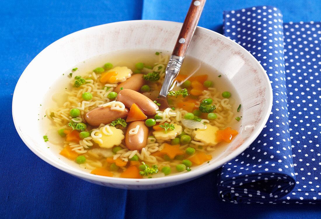 Alphabet soup with mini sausages