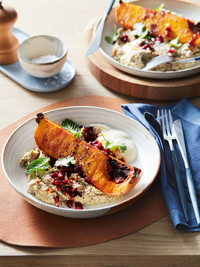 Roasted pumpkin, eggplant hummus and sumac