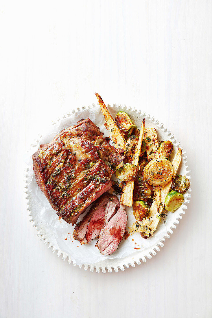 Leg of lamb with parsnips and sprouts