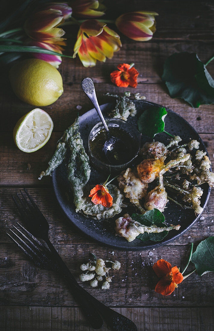 Tempura nasturtiums filled with herbed goat's cheese