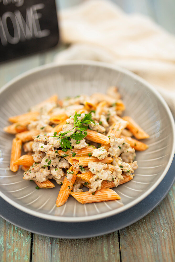 Penne with ground sausage and herbs