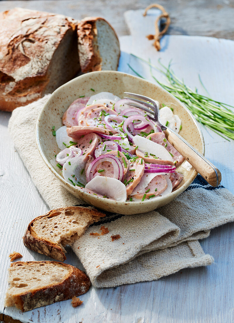 A rustic meat salad with radishes and red onions