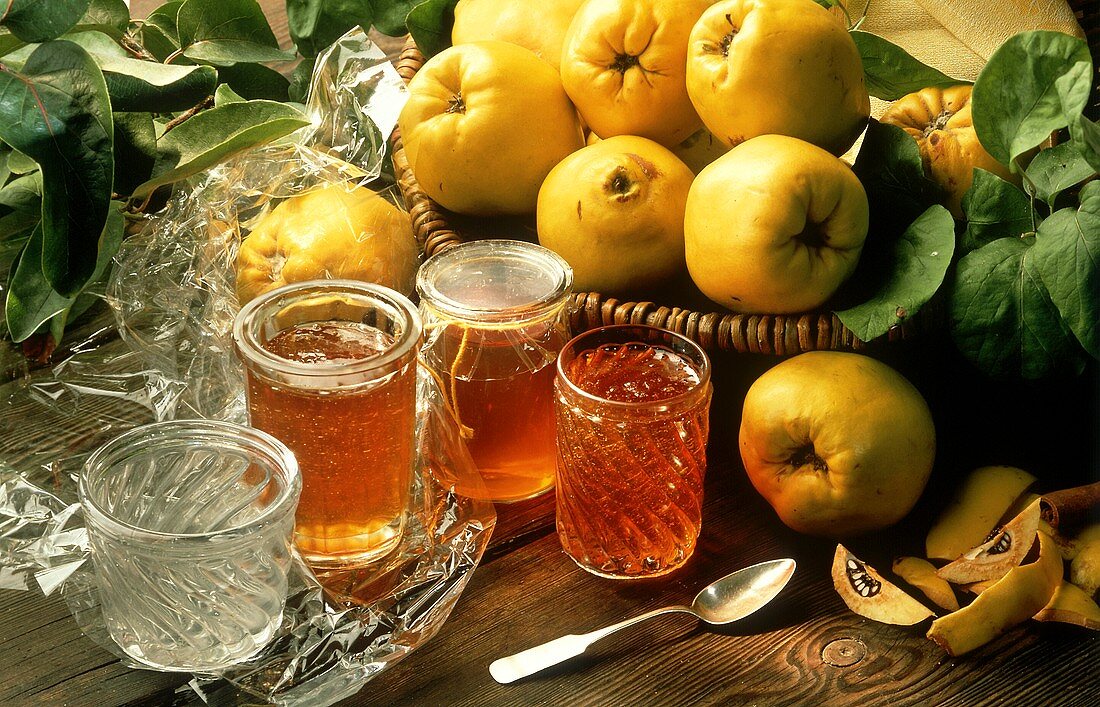 Three Jars of Quince Jelly; Fresh Quince in a Basket