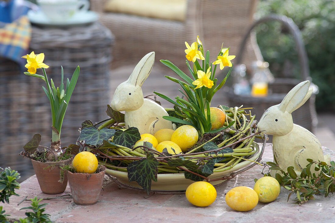 Easter Nest Of Branches With Easter Eggs And Easter Bunnies