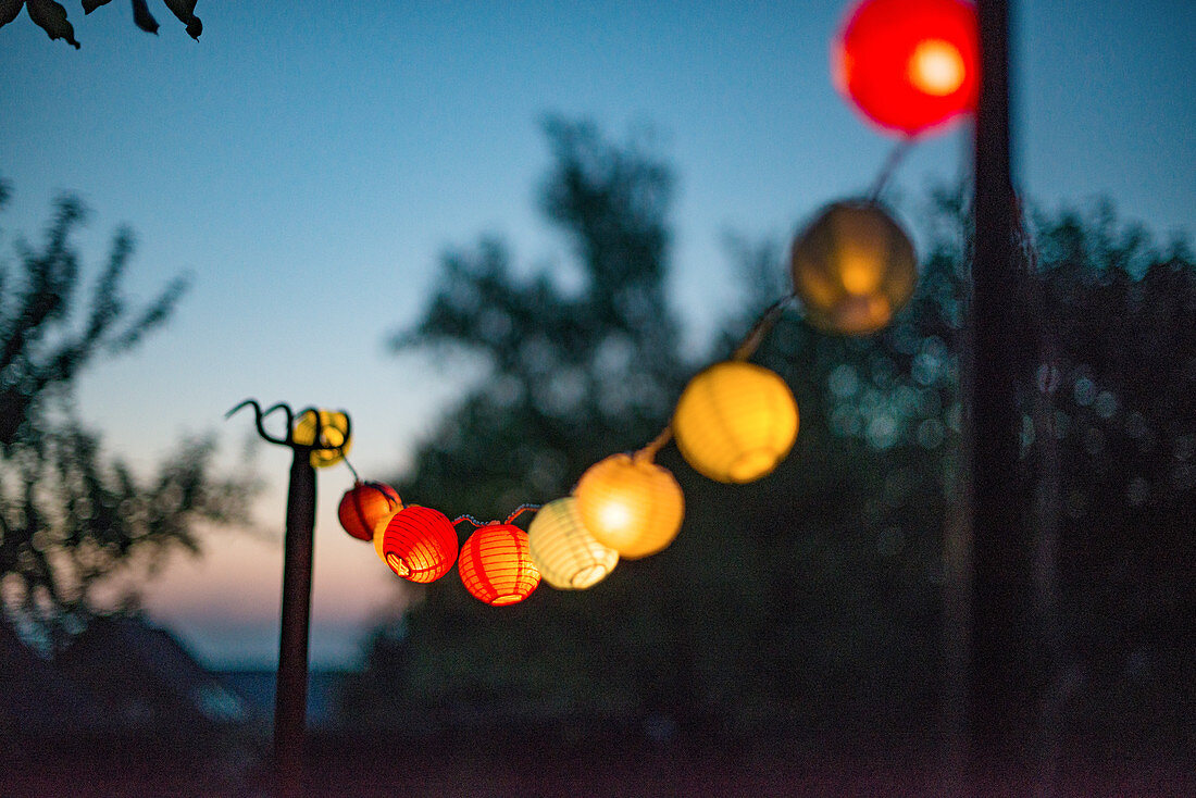 A string of lanterns as decoration for a garden party