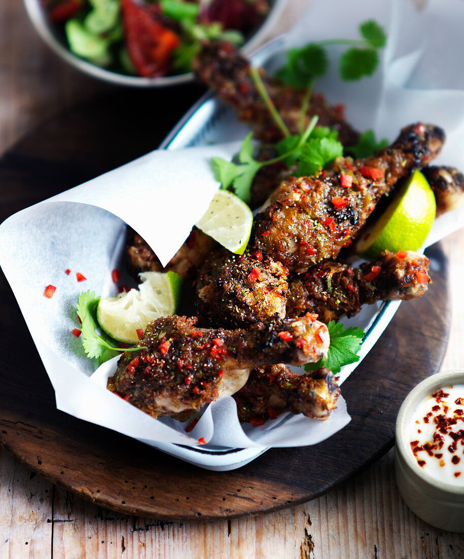 Grilled chicken legs with chili, lime and coriander leaves (Caribbean)