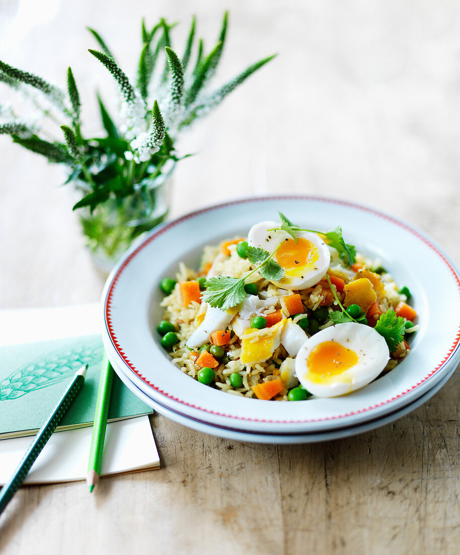Kedgeree with soft-boiled eggs