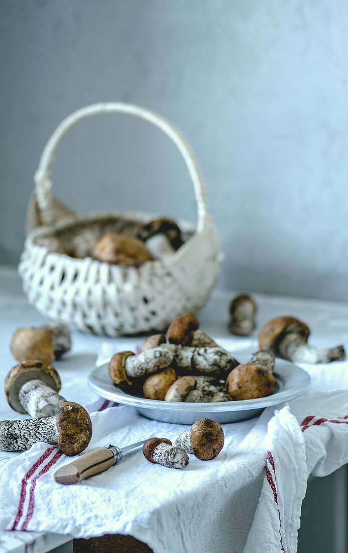 Fresh mushrooms in a basket and on a plate