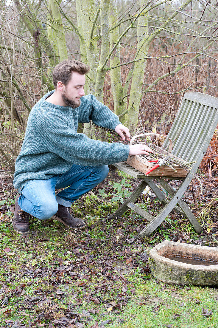 Man puts freshly cut branches in basket