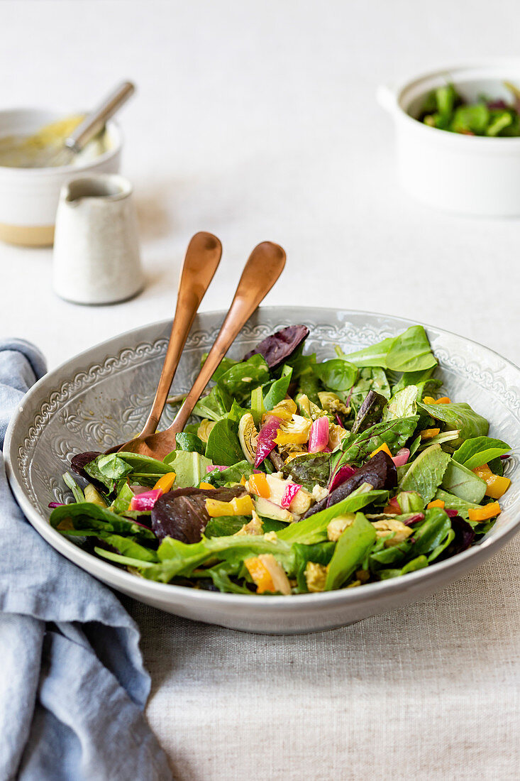 Gemischter Blattsalat mit Zwiebeln und Paprika