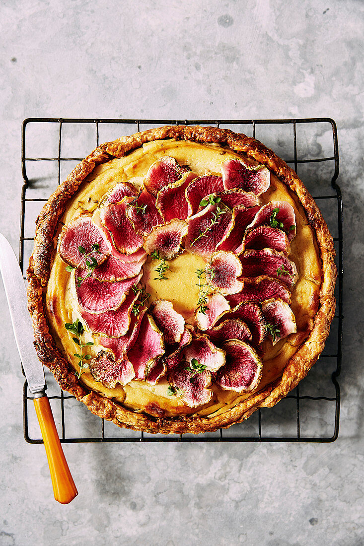 Watermelon raddish and cauliflower tart