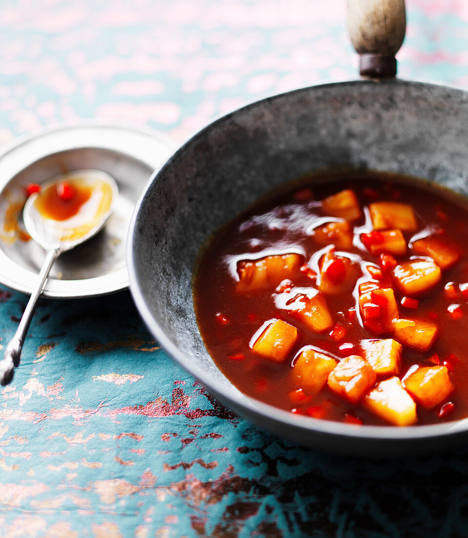 Sweet and sour sauce with pineapple, chillies and carrots in a wok