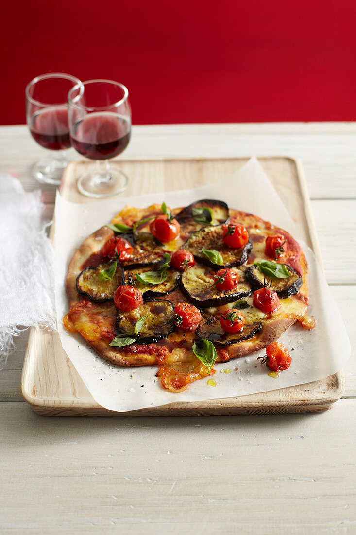 Eggplant, tomato and basil pizza